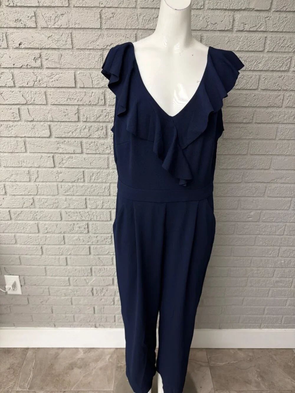 Tahari ASL Women's Sleeveless Navy Ruffle Wide Leg Jumpsuit Size 12